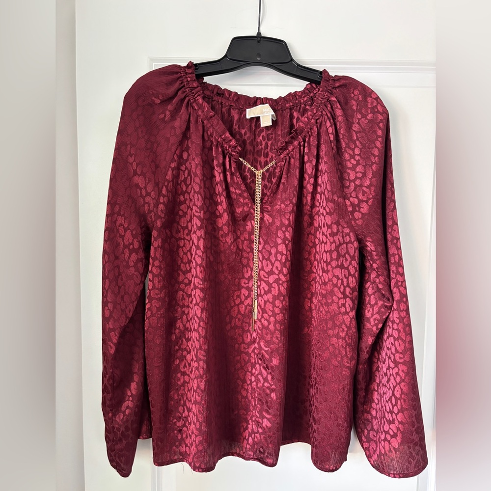Burgundy Satin Peasant Blouse with Gold Chain